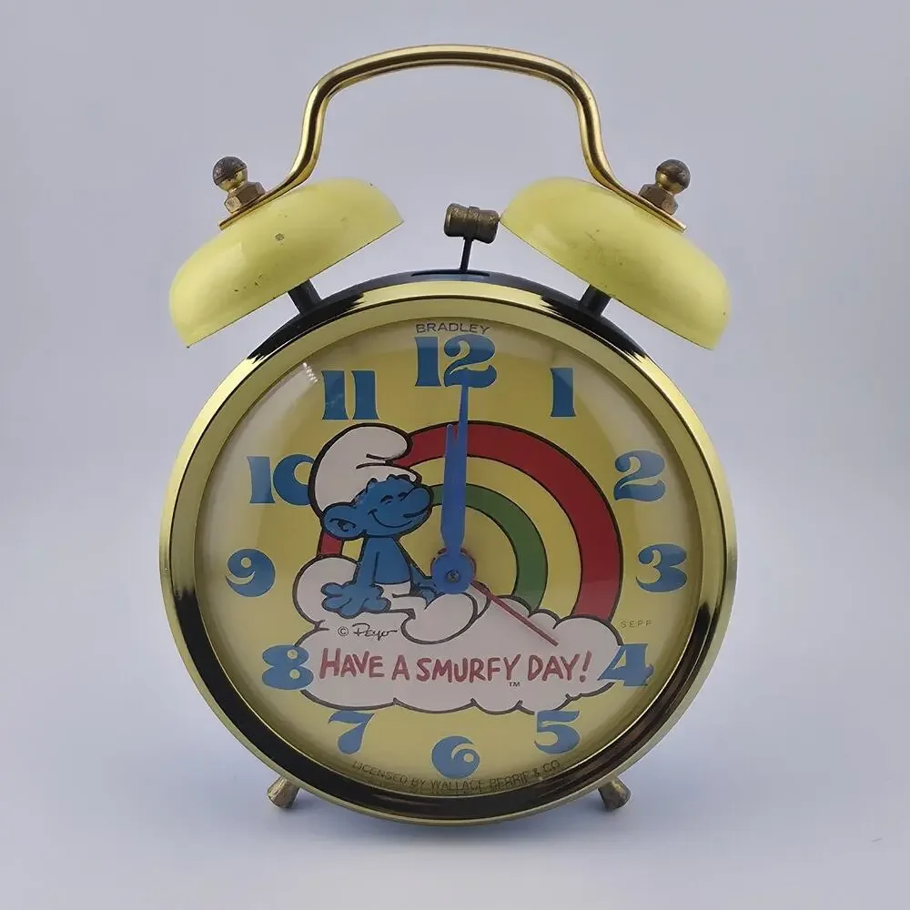 Smurf Double Bell Alarm Clock Bradley Time Blue Yellow Tested Runs Vintage